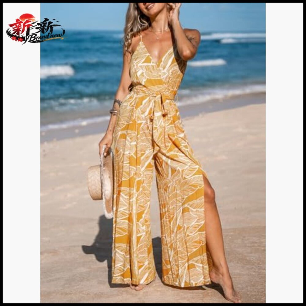 100% Rayon Sleeveless Wide Leg Jumpsuit V-Neck Pull On Casual - Picture 5 of 6